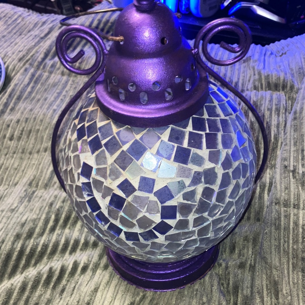 Mosaic Glass Lantern with Purple Accents